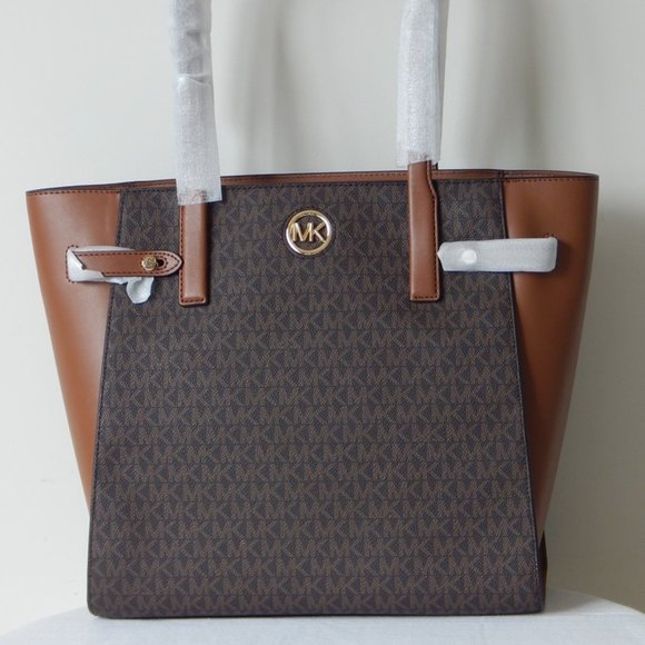 NWT $498 MICHAEL KORS CARMEN MK Monogram LARGE TZ BROWN Tote Shoulder BAG - Picture 2 of 10